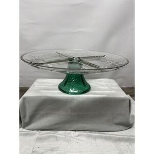 Vintage Divided Glass Cake Stand Emerald Green Pedestal Fruit Bow Embossed 12.5"
